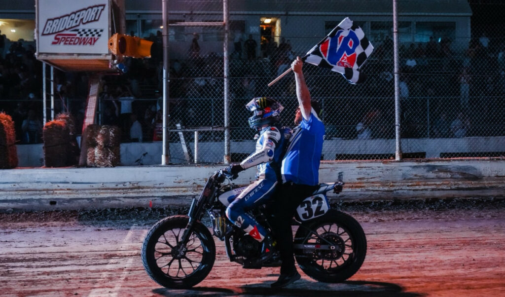 Dallas Daniels celebrates his AFT Supertwins victory with his father Nick Daniels. Photo courtesy AFT.
