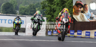 Xavi Fores (12) leads Stefano Mesa (37) and Josh Hayes (4) across the finish line in MotoAmerica Supersport Race One at Road America. Photo by Brian J. Nelson.(Inset) Xavi Fores on a flight with wife Carla and newborn baby Jimena. 