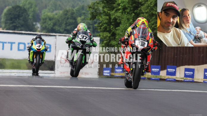 Xavi Fores (12) leads Stefano Mesa (37) and Josh Hayes (4) across the finish line in MotoAmerica Supersport Race One at Road America. Photo by Brian J. Nelson.(Inset) Xavi Fores on a flight with wife Carla and newborn baby Jimena. Xavi Fores (12) leads Stefano Mesa (37) and Josh Hayes (4) across the finish line in MotoAmerica Supersport Race One at Road America. Photo by Brian J. Nelson.(Inset) Xavi Fores on a flight with wife Carla and newborn baby Jimena.