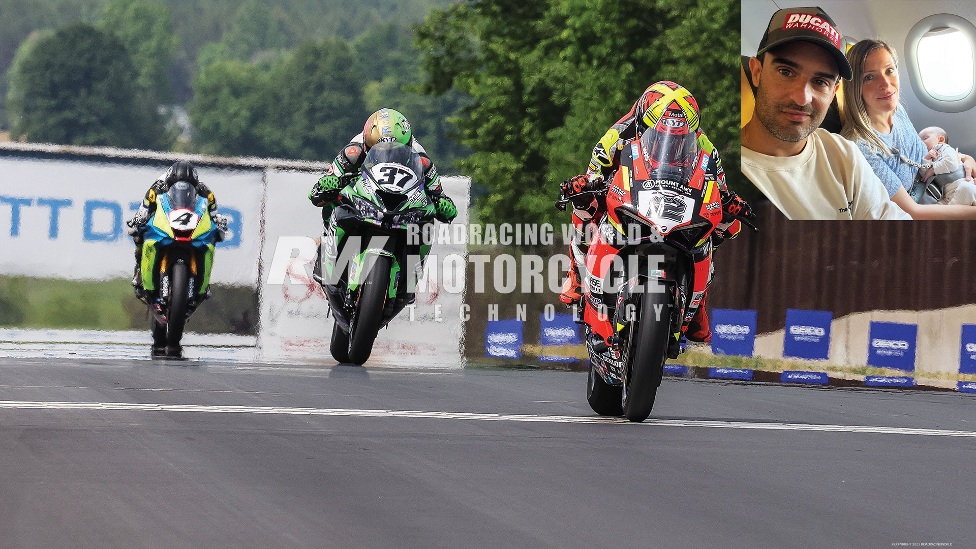 Xavi Fores (12) leads Stefano Mesa (37) and Josh Hayes (4) across the finish line in MotoAmerica Supersport Race One at Road America. Photo by Brian J. Nelson.(Inset) Xavi Fores on a flight with wife Carla and newborn baby Jimena. 