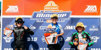 160 Ohvale race winner Nathan Gouker (center), runner-up Kruz Maddison (left), and third-place finisher Connor Raymond (right). Photo courtesy MotoAmerica.