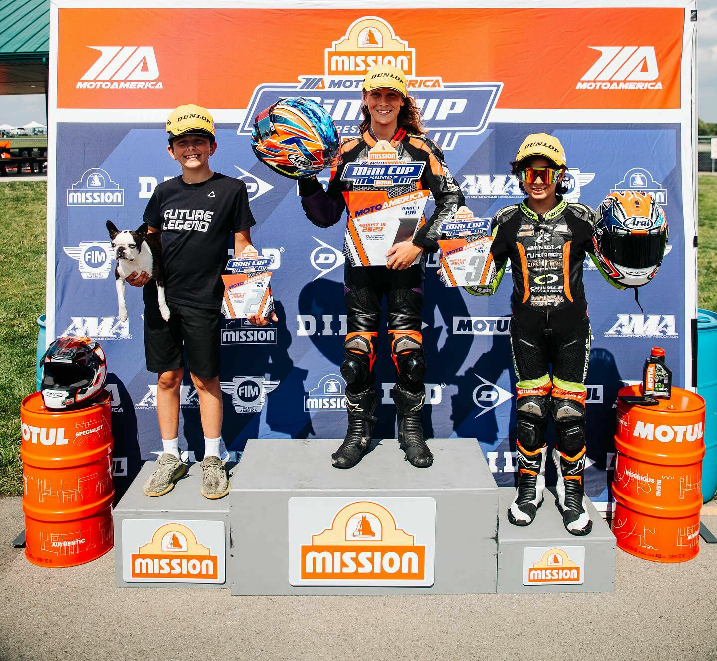 190 Ohvale race winner Joshua Raymond (center), runner-up Ryder Davis (left), and third-place finisher Mahdi Salem (right). Photo courtesy MotoAmerica.