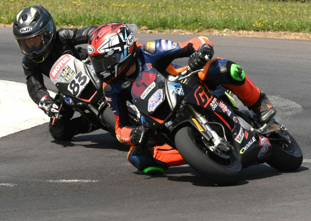 Ben Hardwick (43) held off Michael Galvis (83) to take race one at Lombardy on Sunday, his third consecutive win at the circuit. Photo by Jeremy Fleming, courtesy FIM MiniGP Canada.