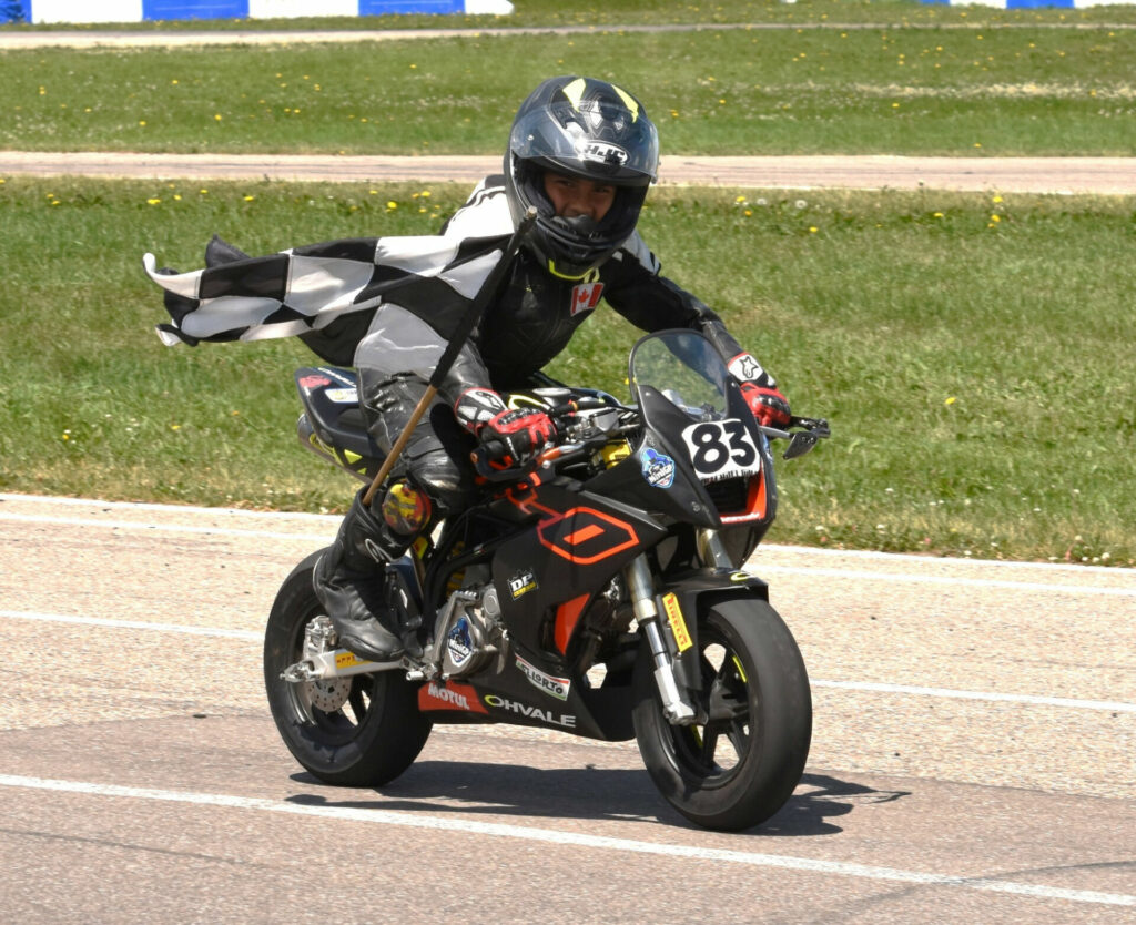 Michael Galvis (83) took the FIM MiniGP Canada Championship point lead with a winning performance in British Columbia. Photo by Colin Fraser.