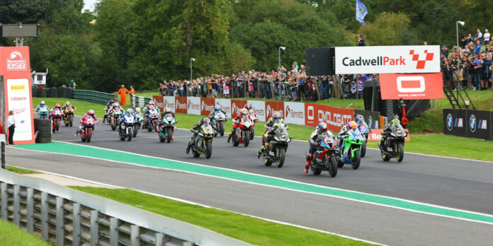 The start of a British Superbike race Monday at Cadwell Park with Leon Haslam (91) leading the field off the grid. Photo courtesy MSVR.