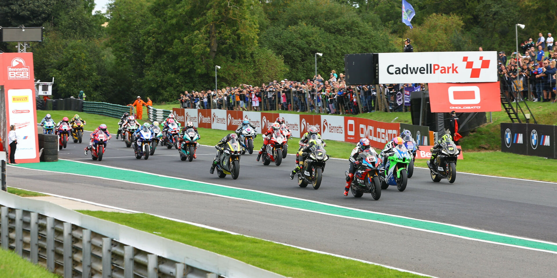 The start of a British Superbike race Monday at Cadwell Park with Leon Haslam (91) leading the field off the grid. Photo courtesy MSVR.