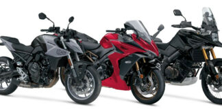 (From left) Suzuki's 2024 GSX-8S, GSX-S1000GT+, and V-STROM 1050DE. Photo courtesy Suzuki Motor USA, Inc.
