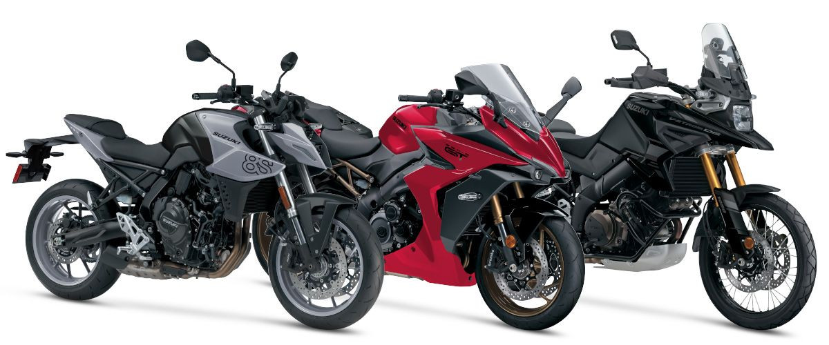 (From left) Suzuki's 2024 GSX-8S, GSX-S1000GT+, and V-STROM 1050DE. Photo courtesy Suzuki Motor USA, Inc.