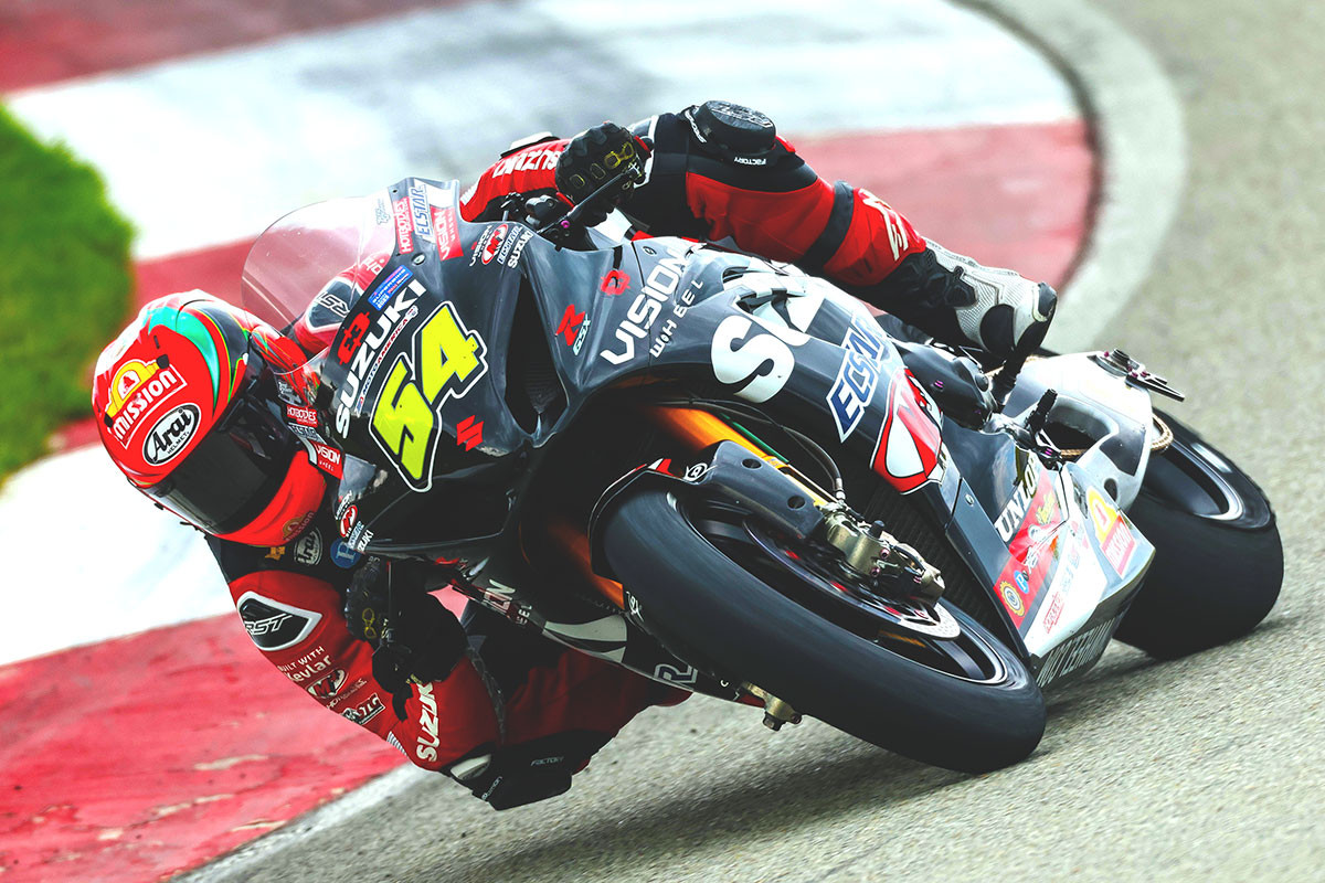 Richie Escalante (54) shows speed as he equals his Superbikecareer-best fourth place in Race 3. Photo by Brian J. Nelson, courtesy Suzuki Motor USA, LLC.