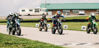Jacob Davis (46), Blake Sorrentino (111), Cole Varnes (24), and Joel Laub (89) prepare to start a Stock 110 race at Pittsburgh International Race Complex's kart track. Photo courtesy MotoAmerica.
