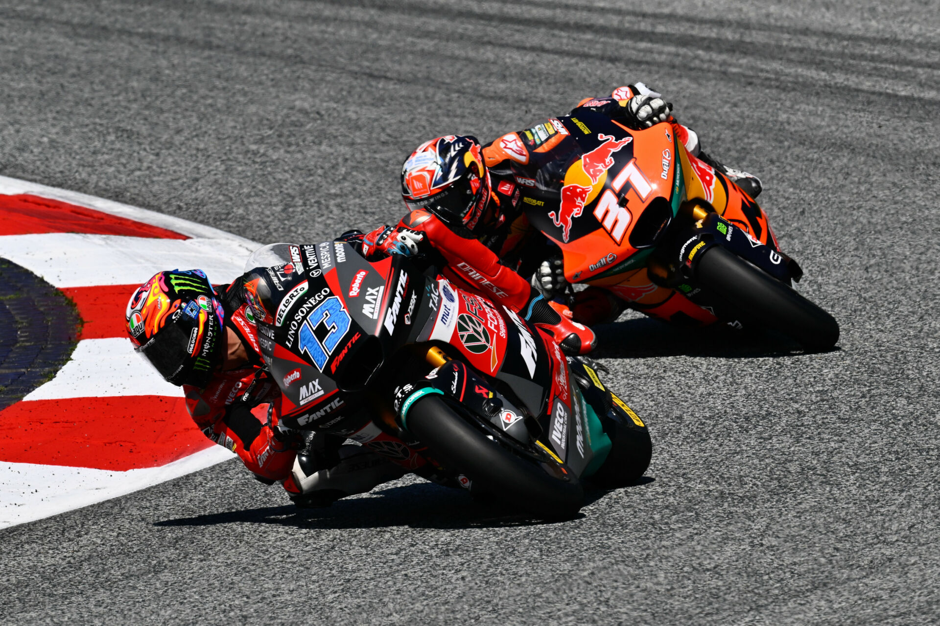 Celestino Vietti (13) won the Moto2 race over Pedro Acosta (37). Photo courtesy Dorna.