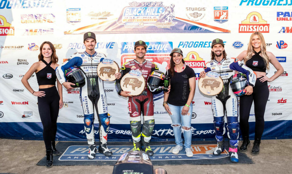 AFT SuperTwins main event winner Jared Mees (center), runner-up Dallas Daniels (left), and third-place finisher JD Beach (right). Photo courtesy AFT.