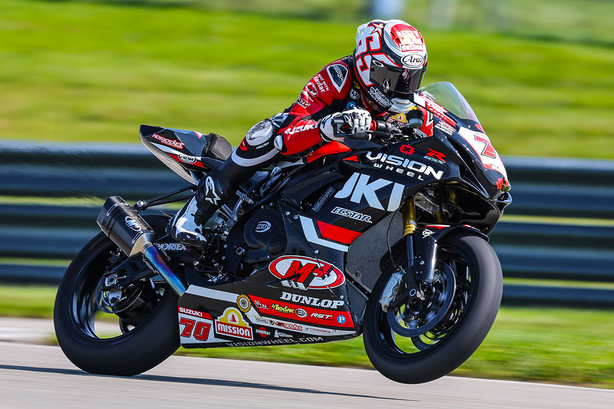 Tyler Scott (70) on the gas as he commands hissecond 2023 Supersport victory. Photo by Brian J. Nelson, courtesy Suzuki Motor USA, LLC.