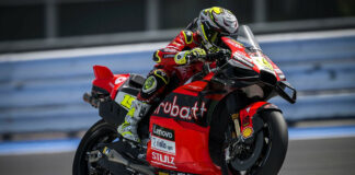 Defending Superbike World Champion Alvaro Bautista (19) testing a Desmosedici MotoGP bike at Misano. Photo courtesy Ducati.