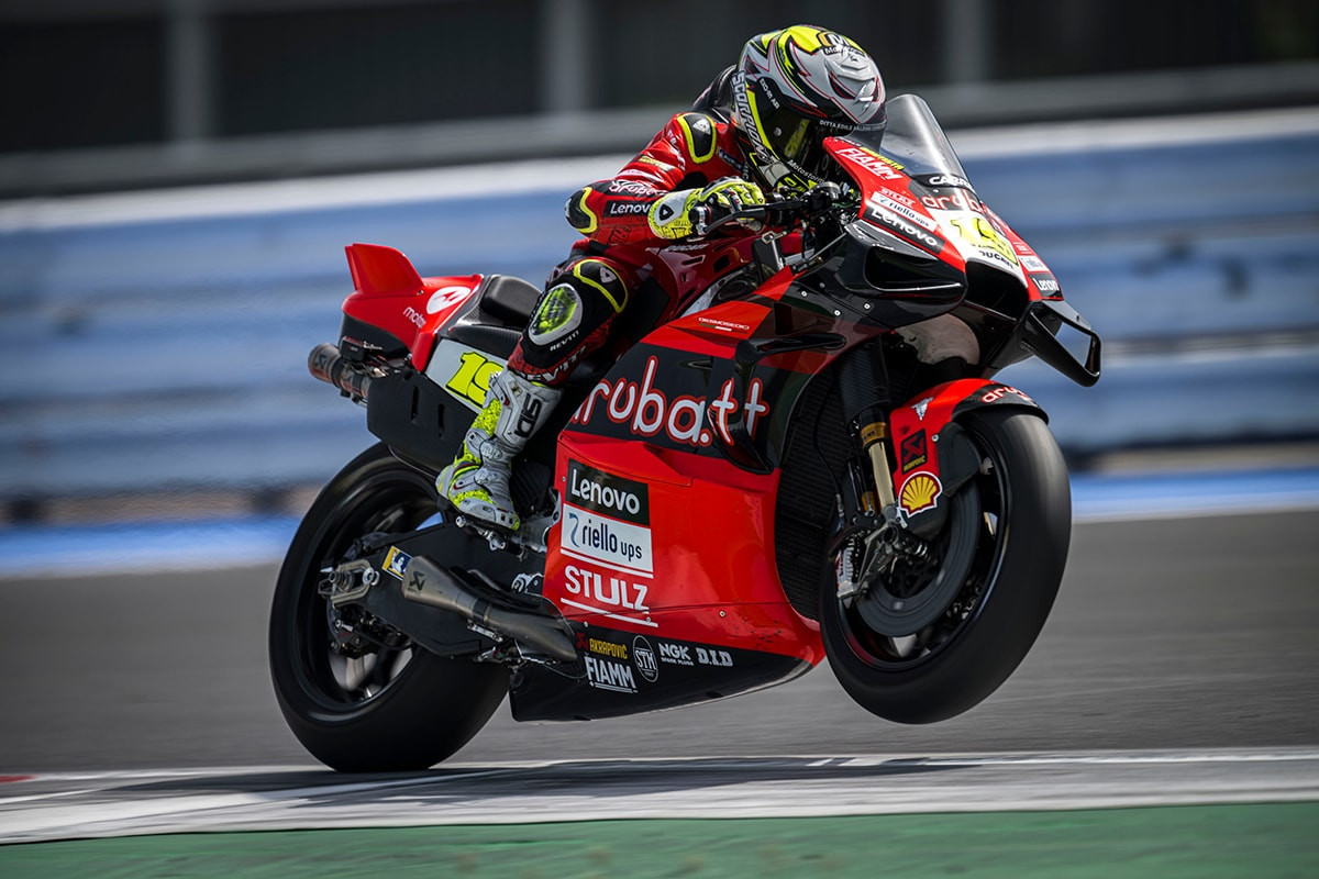 Defending Superbike World Champion Alvaro Bautista (19) testing a Desmosedici MotoGP bike at Misano. Photo courtesy Ducati.