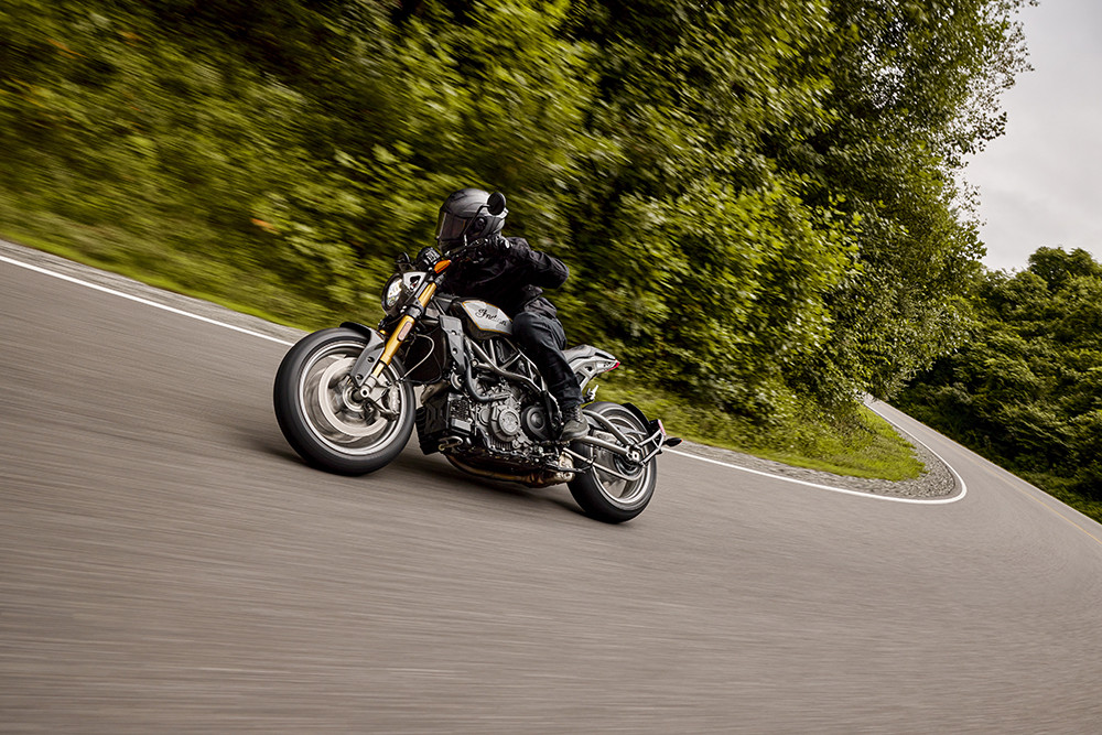The Indian FTR R Carbon is long and low, and its big V-Twin engine generates considerable thrust. Premium suspension components from Ohlins are adjustable. Photo courtesy Indian Motorcycle.