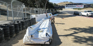 Inflatable sections of Alpina safety barriers being put into place ahead of the MotoAmerica races at WeatherTech Raceway Laguna Seca. Photo by Brian J. Nelson.