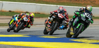 Stefano Mesa (37), Tyler Scott (70), Xavi Fores (12), Josh Hayes (4), and the rest of the Supersport field will have two races at Pittsburgh International Race Complex. Photo by Brian J. Nelson.