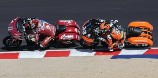 Defending MotoAmerica King Of The Baggers Champion Tyler O'Hara (1) and 2021 Champion Kyle Wyman (33) in action. Photo by Brian J. Nelson.