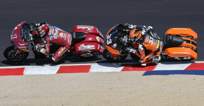 Defending MotoAmerica King Of The Baggers Champion Tyler O'Hara (1) and 2021 Champion Kyle Wyman (33) in action. Photo by Brian J. Nelson.