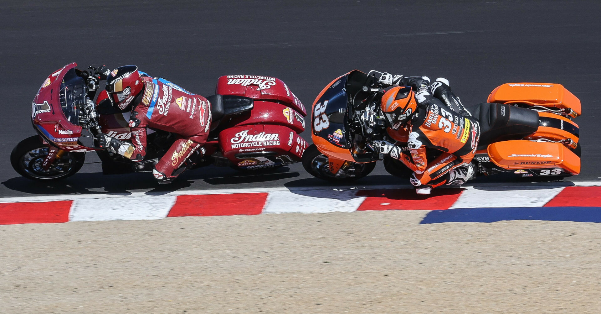 Defending MotoAmerica King Of The Baggers Champion Tyler O'Hara (1) and 2021 Champion Kyle Wyman (33) in action. Photo by Brian J. Nelson.