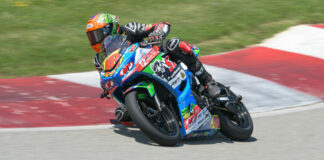 Max Van (48) on the SportbikeTrackGear.com Kawasaki Ninja 400 at Pittsburgh International Race Complex (a.k.a. PittRace). Photo by Michael Goze/Contact Patch Photography, courtesy SportbikeTrackGear.com.