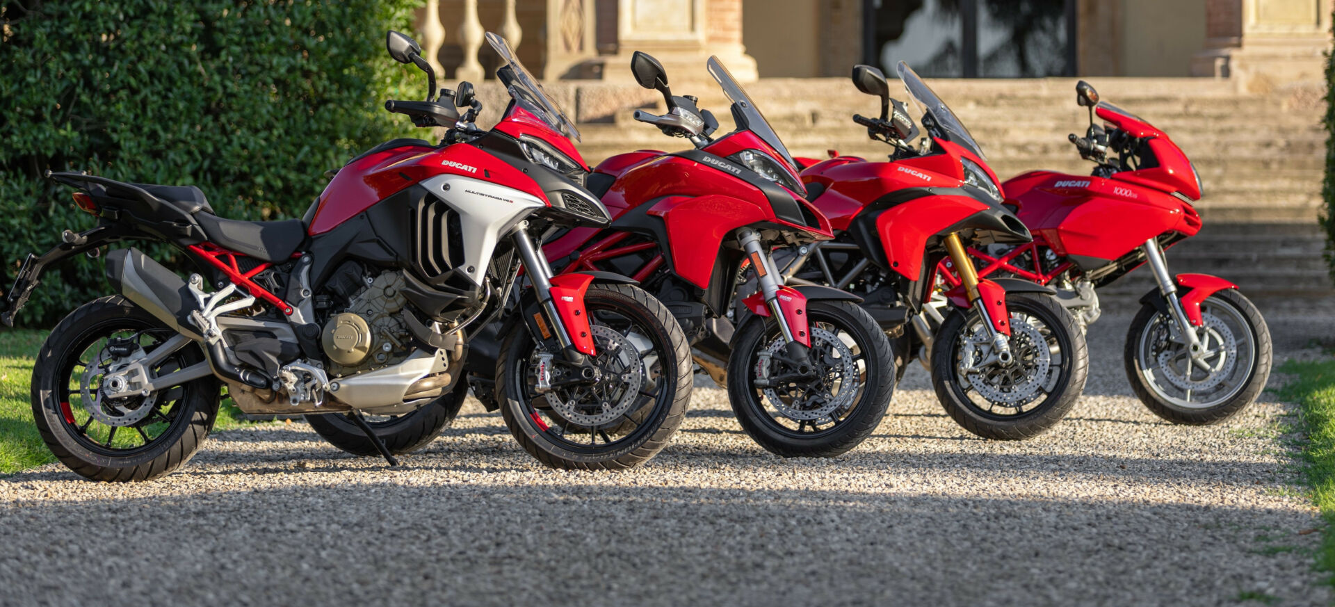 Examples of the different Ducati Multistrada models with the current Multistrada V4 S in the foreground. Photo courtesy Ducati.