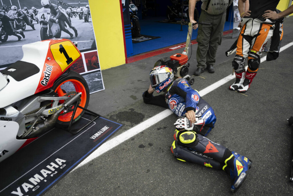 Toprak Razgatlioglu enjoying the smell of the exhaust from an ex-Eddie Lawson Yamaha YZR500. Photo courtesy Yamaha.