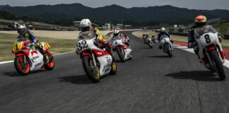 Toprak Razgatlioglu (1), Carlos Lavado (32), Johnny Cecotto (4), Andrea Locatelli (8), and others on vintage Yamaha racebikes at Mugello. Photo courtesy Yamaha.