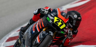 Racer Max Toth in action on a Kalex Moto2 racebike in a FIM JuniorGP race July 15-16 at Catalunya Spain. Photo by @lifebelucky, courtesy Max Toth