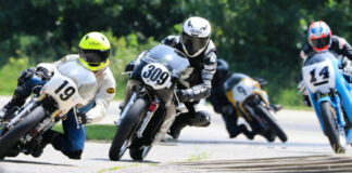 Christopher Spargo (19) leads Tim Joyce (309), Shane Turpin (14), and Colton Roberts (9) during an AHRMA Vintage Cup race at Blackhawk Farms Raceway, in Illinois. Photo by Craig Chawla, courtesy AHRMA.