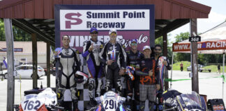 Overall winner Grease Monkey Racing's Eric Helmbach (second from left) and Steve Hoffman (third from left); runner-up Coleman Powersports' Brad Moser (far left); and third-place finisher Hazardous Racing's Jonathan Schweiger (third from right), RJ Wade (second from right), and Chet FinkBeiner (far right). Photo courtesy ASRA.