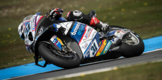 American Garrett Gerloff (31) at speed on his Bonovo Action BMW M 1000 RR Superbike at TT Circuit Assen. Photo courtesy BMW Motorrad Motorsport.