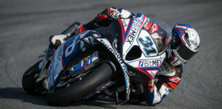 American Garrett Gerloff (31) at speed on his Bonovo Action BMW M 1000 RR Superbike at Circuit de Barcelona - Catalunya. Photo courtesy BMW Motorrad Motorsport.