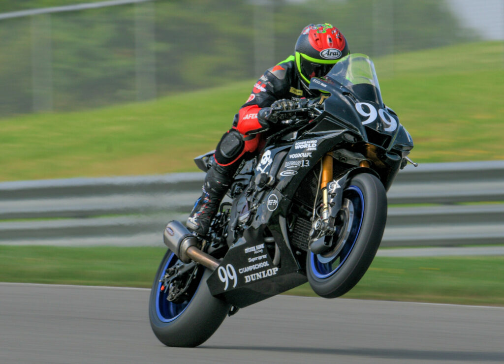 Chris Peris (99) preserving the front Dunlop on the Army of Darkness Yamaha YZF-R1. Photo by Contact Patch Photography, courtesy Army of Darkness.