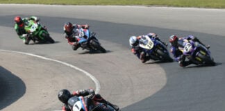 Ben Young (1) leads Saturday's Superbike race at Canadian Tire Motorsport Park with Sam Guerin (2), Alex Dumas (23), and Tomas Casas (18) in pursuit. Photo by Rob O'Brien, courtesy CSBK.