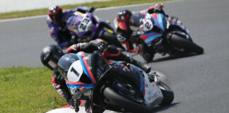 This was the closest the top three would be during the second of three scheduled Superbike races at Canadian Tire Motorsport Park (CTMP). Ben Young (1) pulled away early to finish just over five seconds ahead of Sam Guerin (2) and championship leader Alex Dumas (23). Photo by Rob O'Brien, courtesy CSBK.