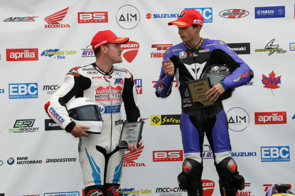 Little has separated Ben Young (left) and Alex Dumas (right) during their time competing against each other in CSBK. The two Canadian Champions have shared podium chats like this one many times over the last few seasons. Photo by Rob O'Brien, courtesy CSBK.
