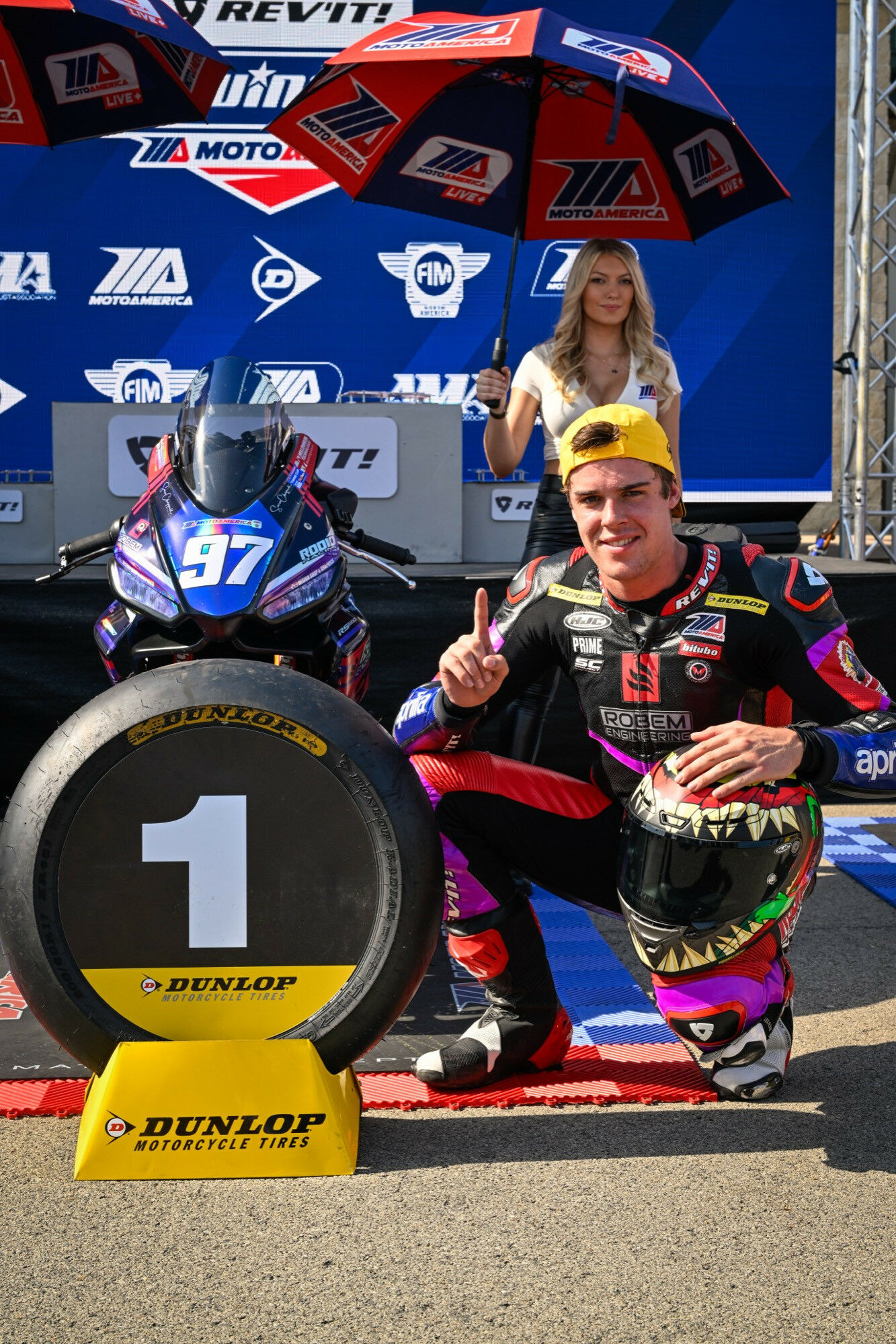 Rocco Landers, after winning Twins Cup Race One at PittRace. Photo by Sara Chappell Photos, courtesy Aprilia Americas.