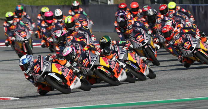 RedBullRookies-Austria2023-0303_CROP Rico Salmela (27), Alvaro Carpe (83), Ruche Moodley (11), and Angel Piqueras (18) lead the field at Red Bull Ring. Photo courtesy Red Bull.