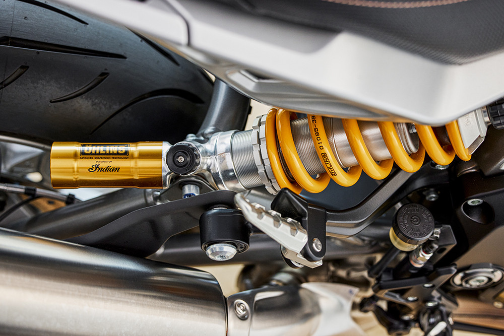 Ohlins makes a custom feedback reservoir rear shock for the Indian FTR. Photo courtesy Indian Motorcycle.