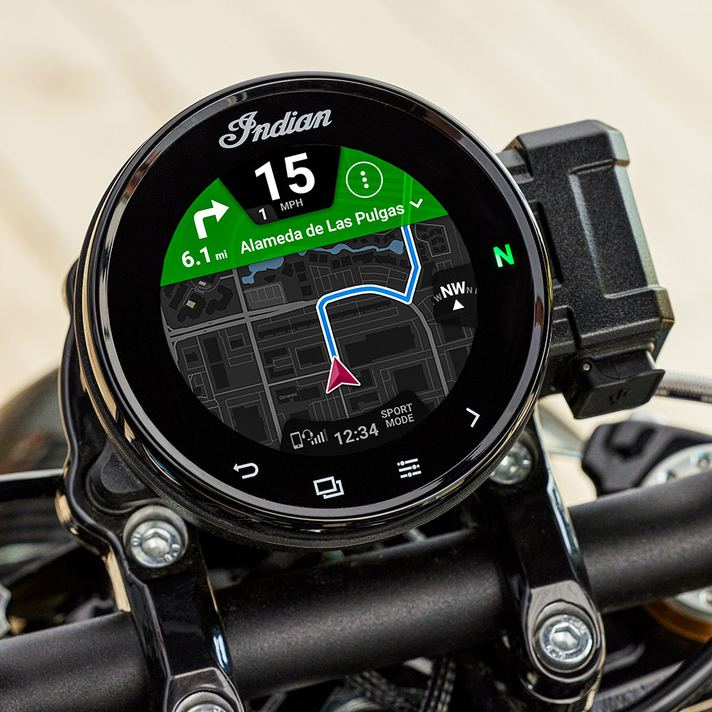 A round dash says retro, the touch screen capability and array of information that the rider can customize to their needs says modern. Photo courtesy Indian Motorcycle.