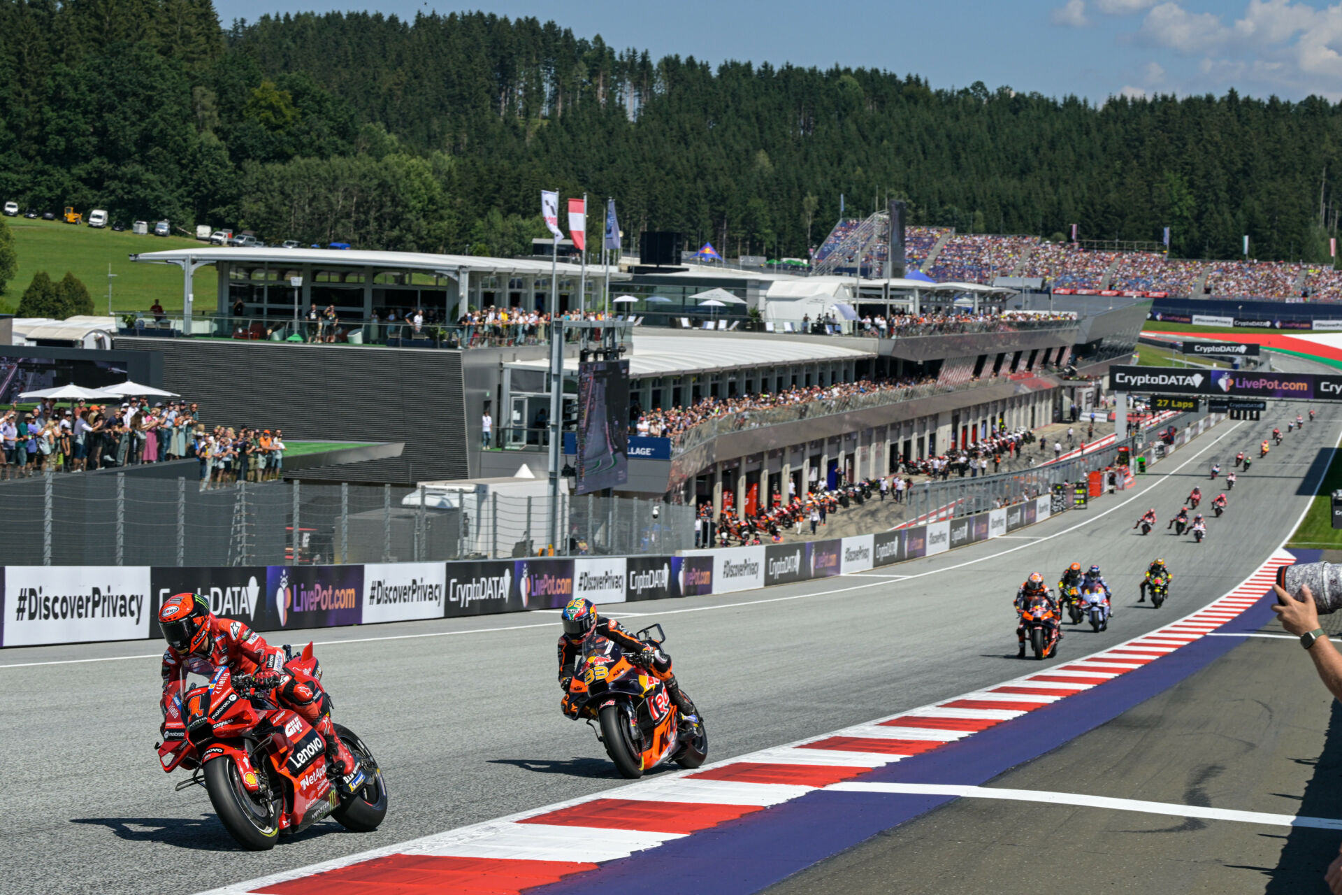 Francesco Bagnaia (1) pulled away from Brad Binder (33) and the rest of the MotoGP field Sunday at Red Bull Ring. Photo courtesy Dorna.