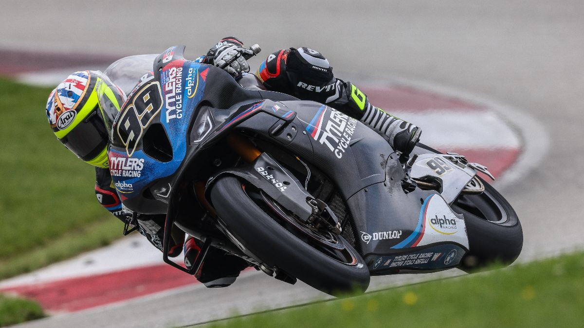 PJ Jacobsen (99) put his Tytlers Cycle Racing BMW M 1000 RR on provisional pole position at Pittsburgh International Race Complex on Friday afternoon. Photo by Brian J. Nelson.