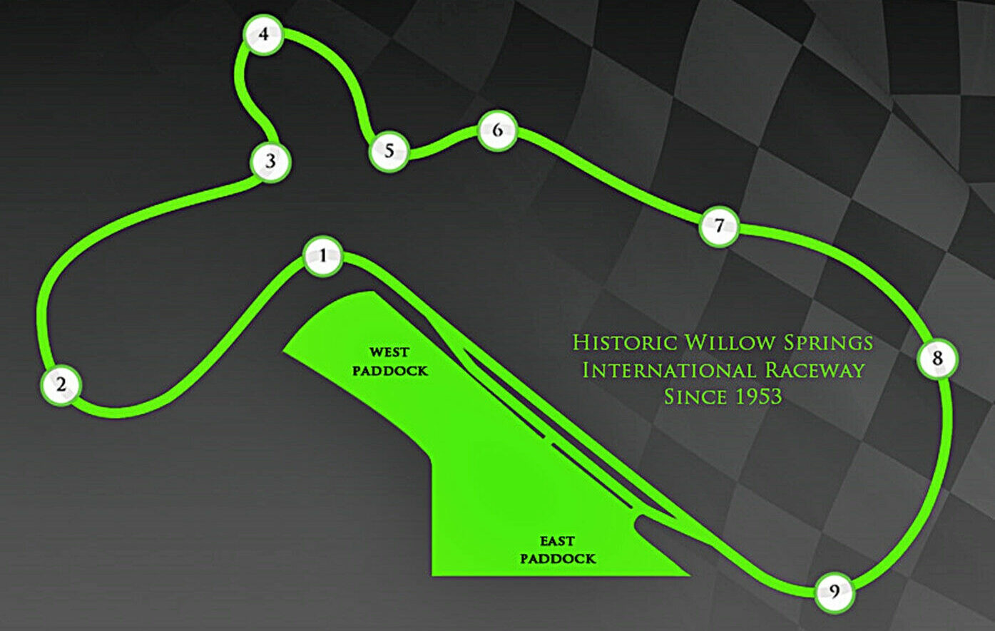 Willow Springs Map: Willow Springs International Raceway officials plan to repave the first half of the iconic 2.5-mile mail track in August, with the rest of the track repaving scheduled for next year. Image courtesy Willow Springs.