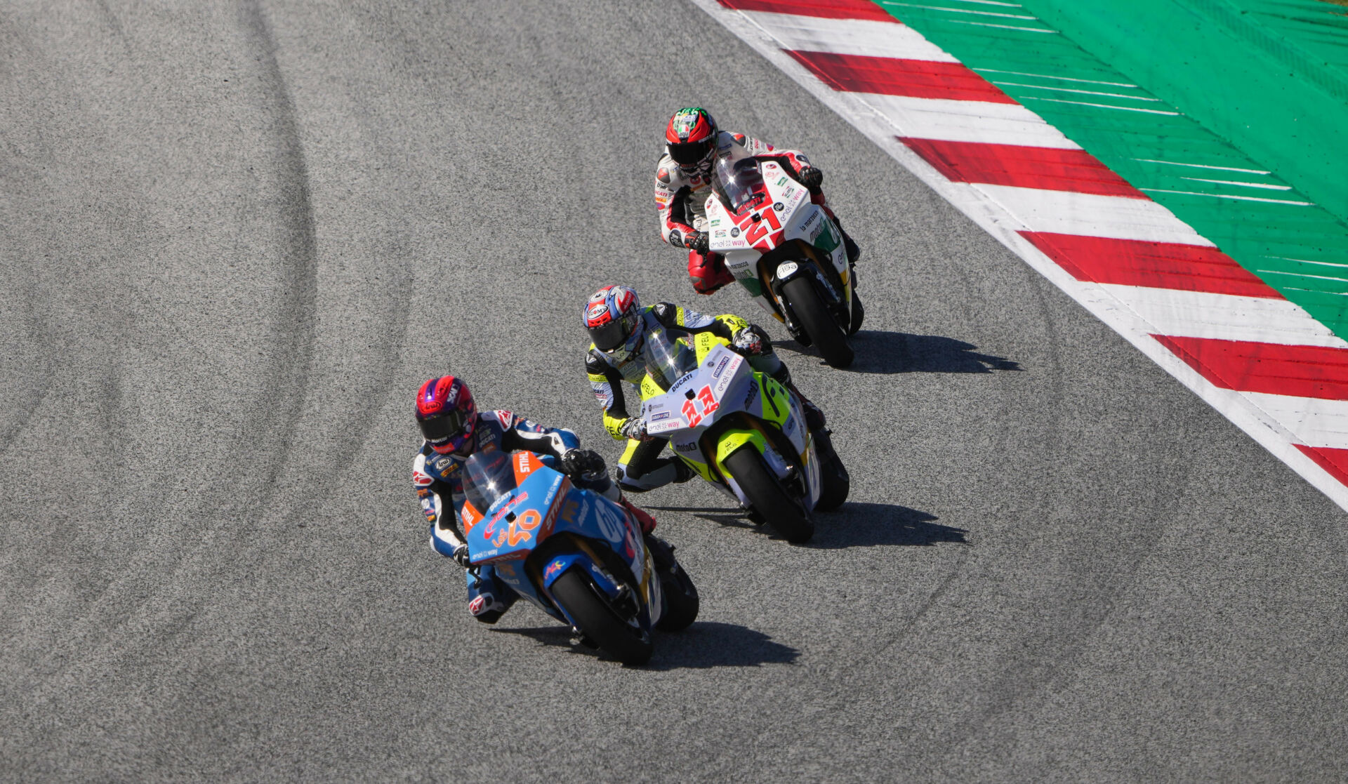 Mattia Casadei (40) leads Matteo Ferrari (11) and Kevin Zannoni (21) in Race Two. Photo courtesy Dorna.