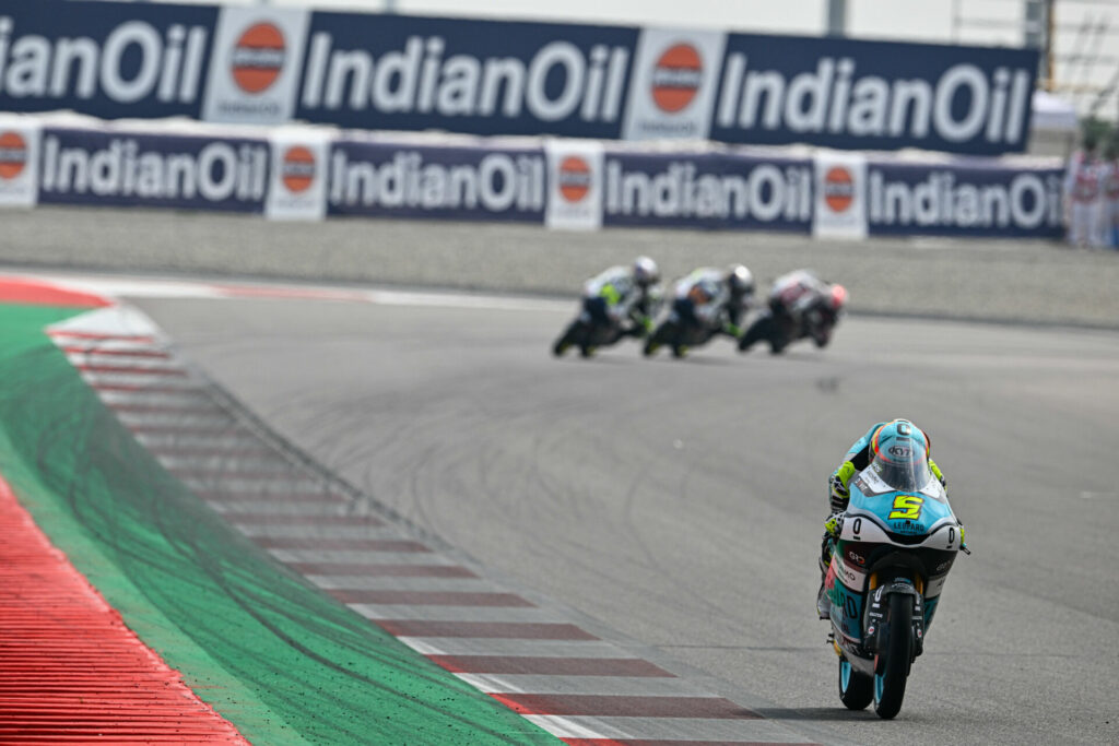 Jaume Masia (5) ran away with the Moto3 race. Photo courtesy Dorna.