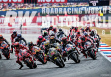 Start of the Sprint Race (at Assen), Francesco Bagnaia (1) and Marco Bezzecchi (72) leading. Photos by Gigi Soldano/DPPI Media.