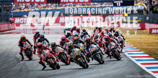 Start of the Sprint Race (at Assen), Francesco Bagnaia (1) and Marco Bezzecchi (72) leading. Photos by Gigi Soldano/DPPI Media.