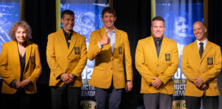 The AMA Motorcycle Hall of Fame Class of 2023 (from left): Rita Coombs, Ryan Dungey, Travis Pastrana, Grant Langston, and Barry Hawk. Photo by Willie Brown, courtesy AMA.